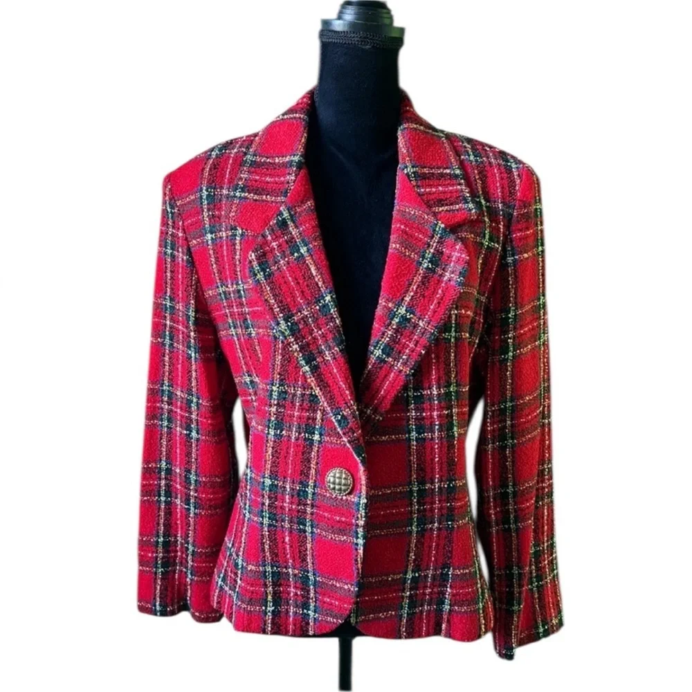 TR Bentley Womens Red Plaid Vintage Tweed Blazer‎ Jacket 12